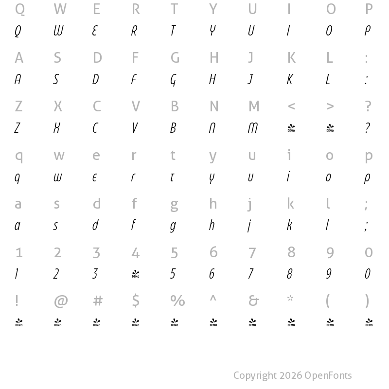 Character Map of FONTSPRING DEMO - Eastman Compressed Alt Offset It Regular