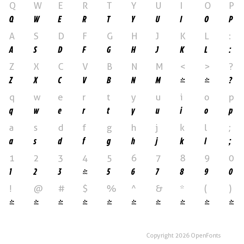 Character Map of FONTSPRING DEMO - Eastman Compressed Bold Italic