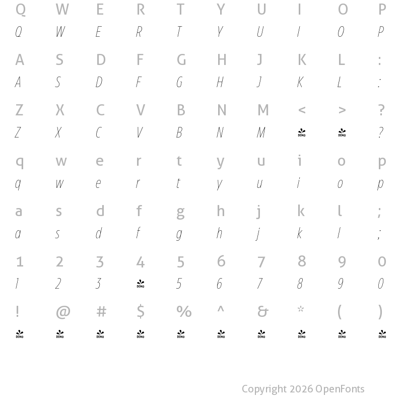 Character Map of FONTSPRING DEMO - Eastman Compressed Extralight Italic