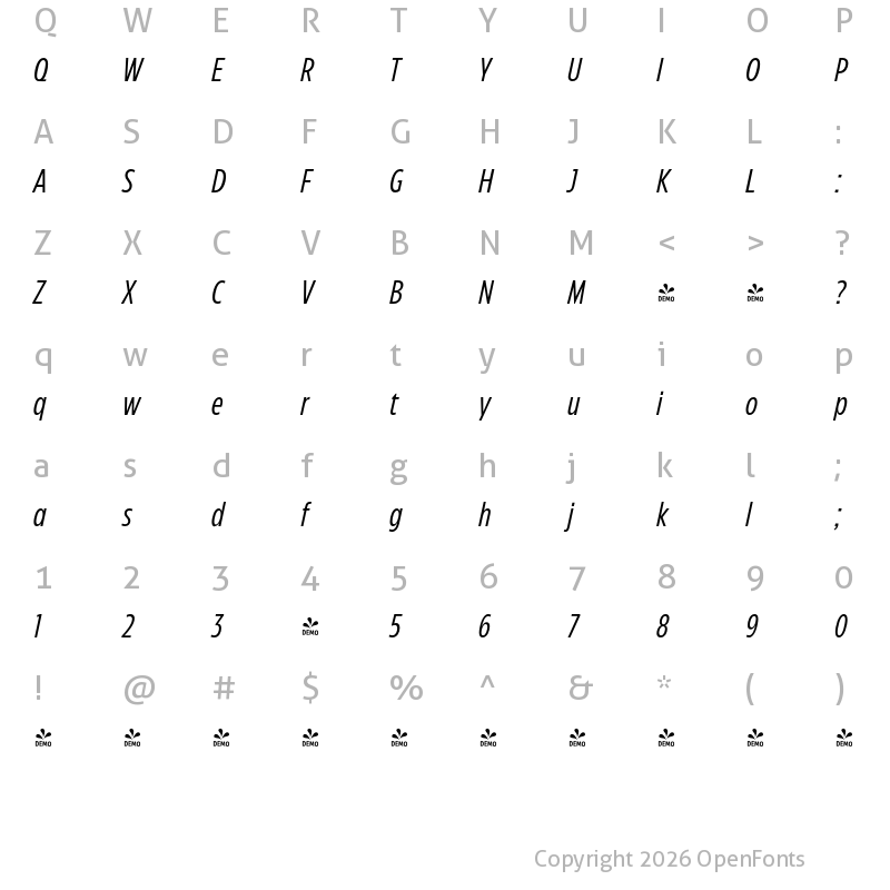 Character Map of FONTSPRING DEMO - Eastman Compressed Italic