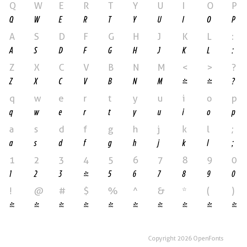 Character Map of FONTSPRING DEMO - Eastman Compressed Medium Italic