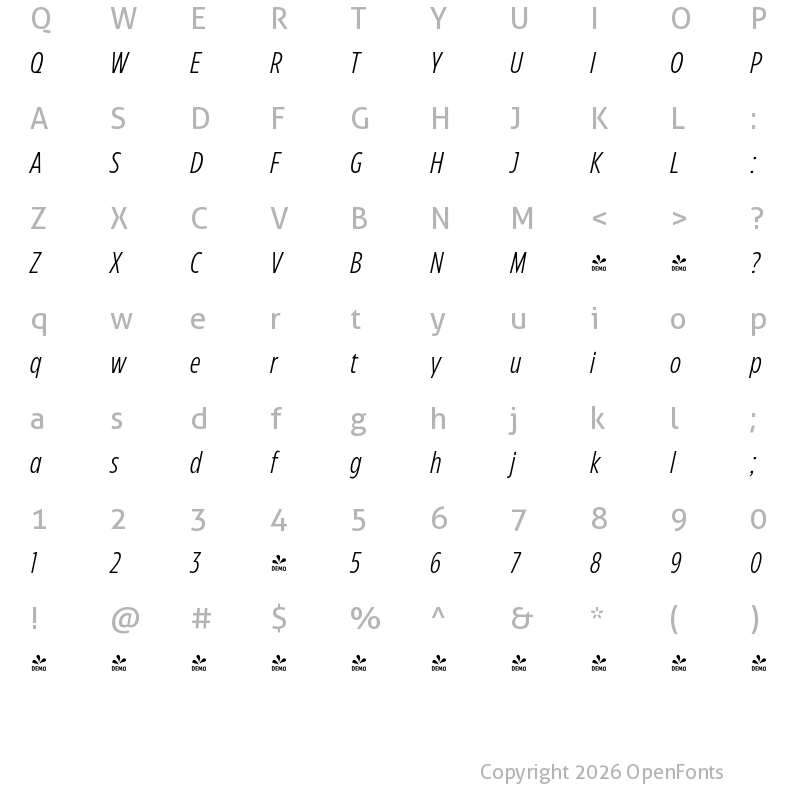 Character Map of FONTSPRING DEMO - Eastman Compressed Offset Italic