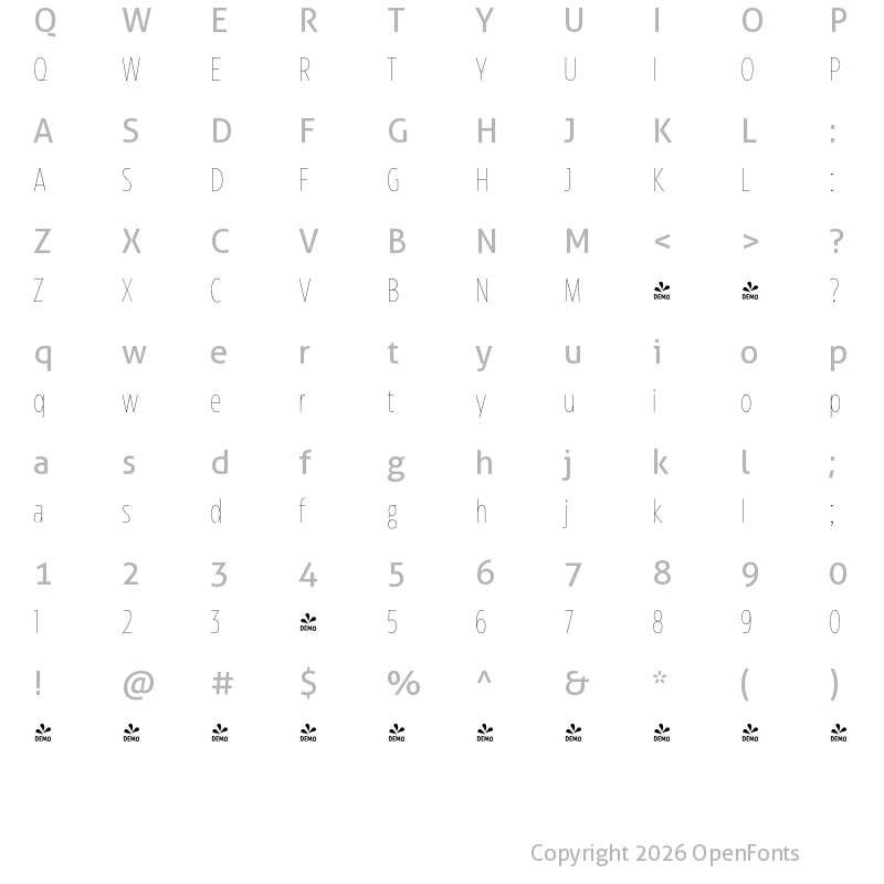 Character Map of FONTSPRING DEMO - Eastman Compressed Thin Regular