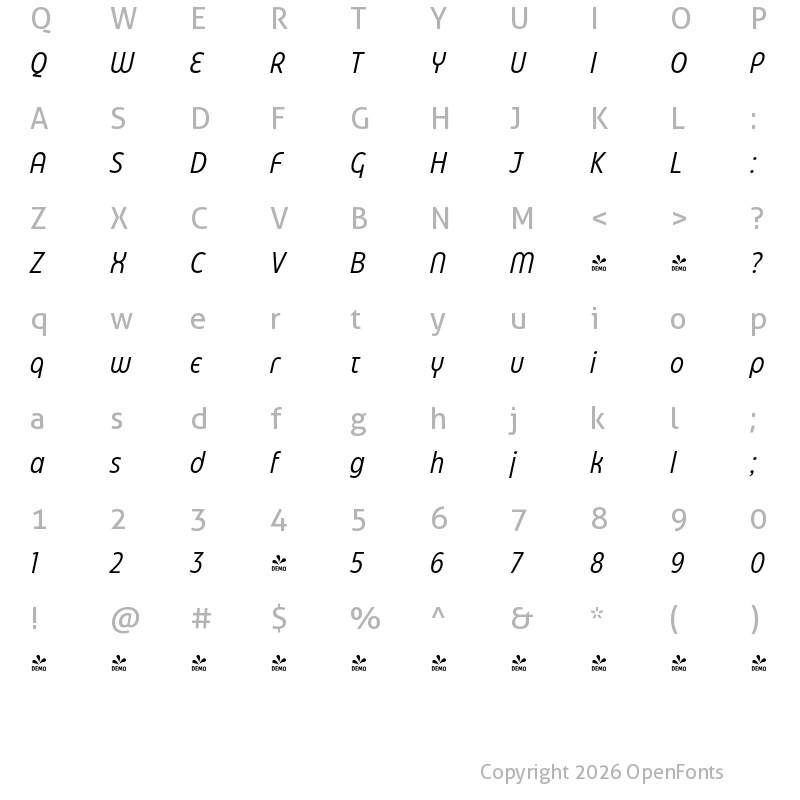 Character Map of FONTSPRING DEMO - Eastman Condensed Alt Italic