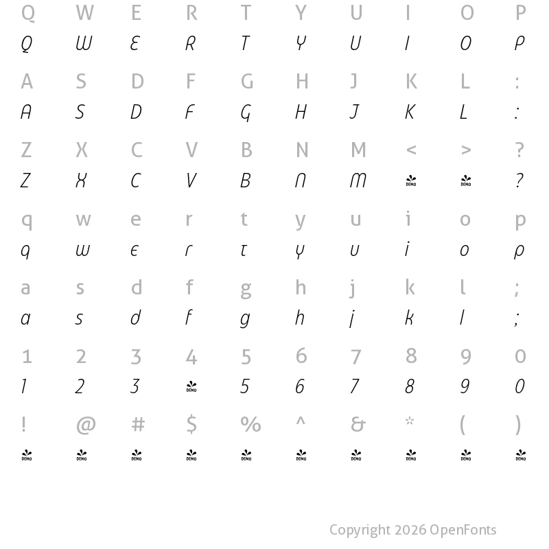 Character Map of FONTSPRING DEMO - Eastman Condensed Alt Light It Regular