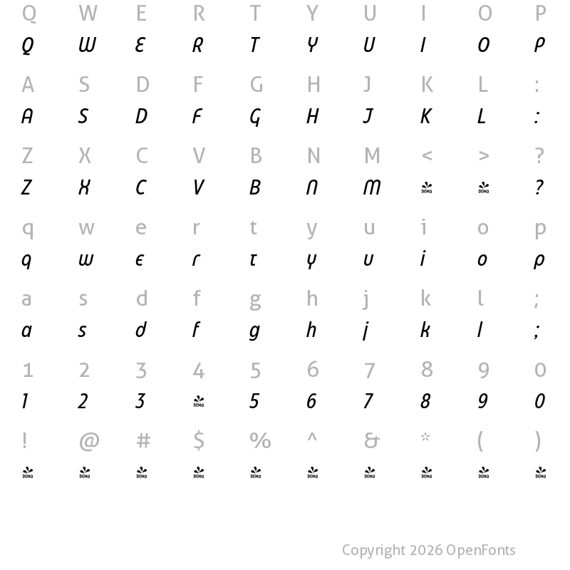 Character Map of FONTSPRING DEMO - Eastman Condensed Alt Medium It Regular