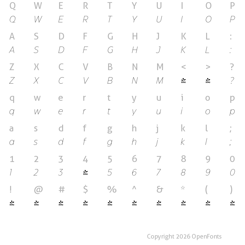 Character Map of FONTSPRING DEMO - Eastman Grotesque Exlight It Regular