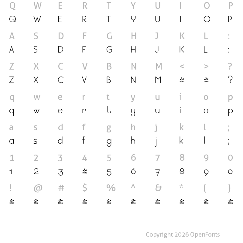 Character Map of FONTSPRING DEMO - EB Bellissimo Display Light
