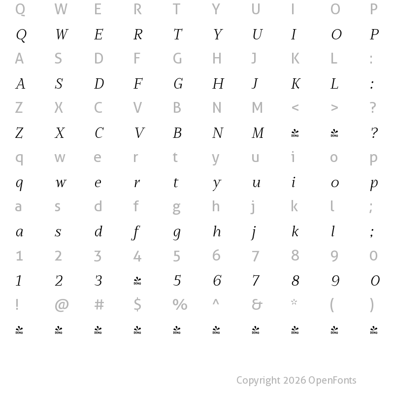 Character Map of FONTSPRING DEMO - Edicia Light Italic Regular
