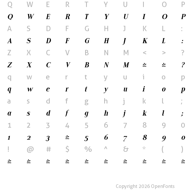 Character Map of FONTSPRING DEMO - Edito FeItalic
