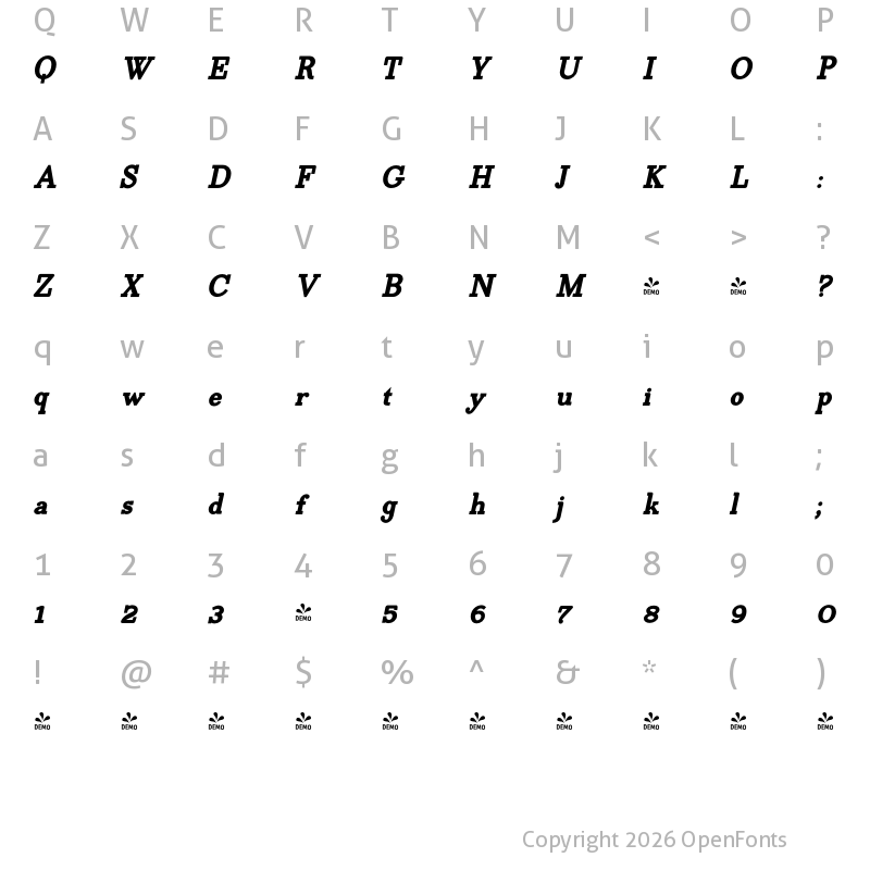 Character Map of FONTSPRING DEMO - EgyptiaXBoldItalic Regular