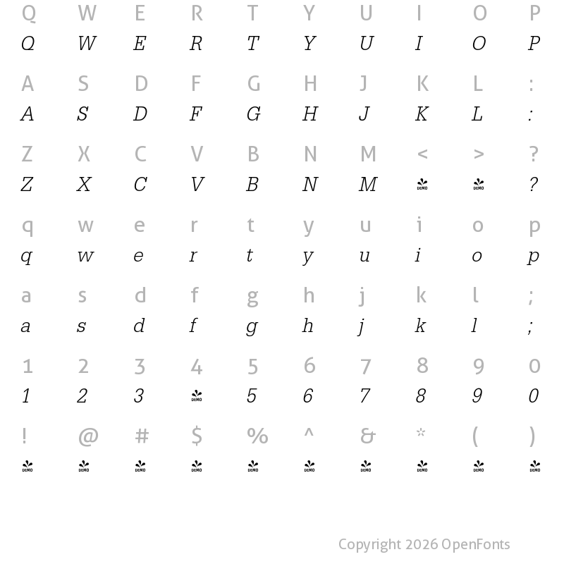 Character Map of FONTSPRING DEMO - EgyptienneURWExtNarLig Italic