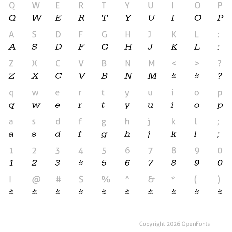 Character Map of FONTSPRING DEMO - EgyptienneURWExtWid Italic