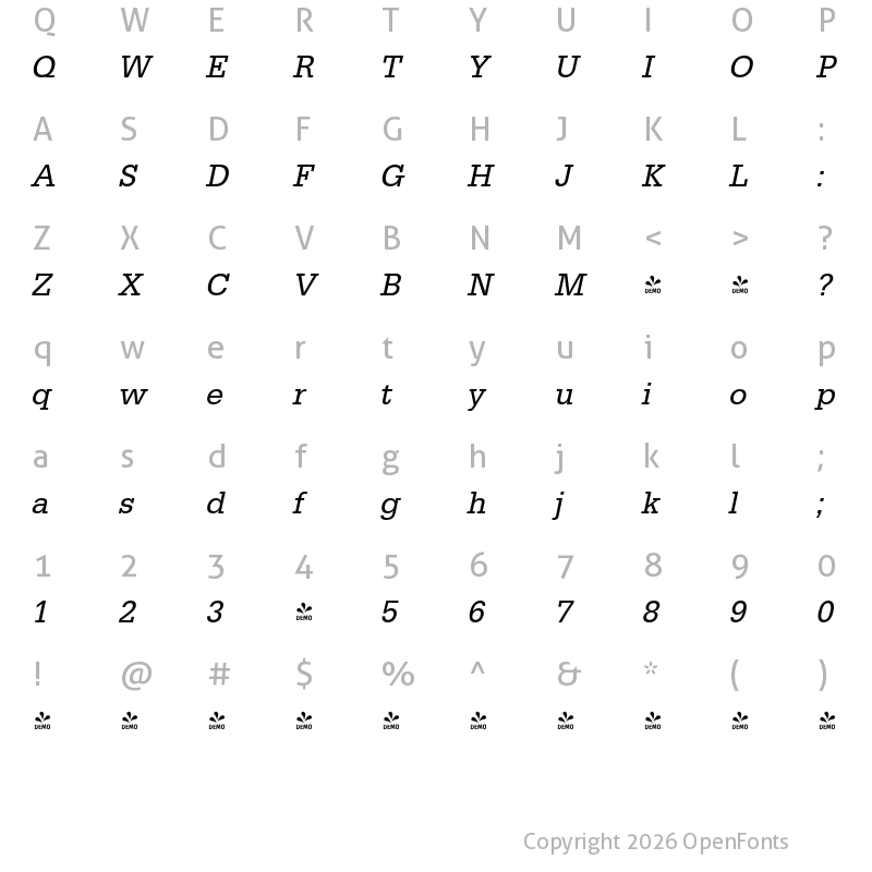 Character Map of FONTSPRING DEMO - EgyptienneURWNar Italic