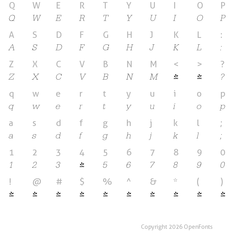 Character Map of FONTSPRING DEMO - EgyptienneURWWidExtLig Italic