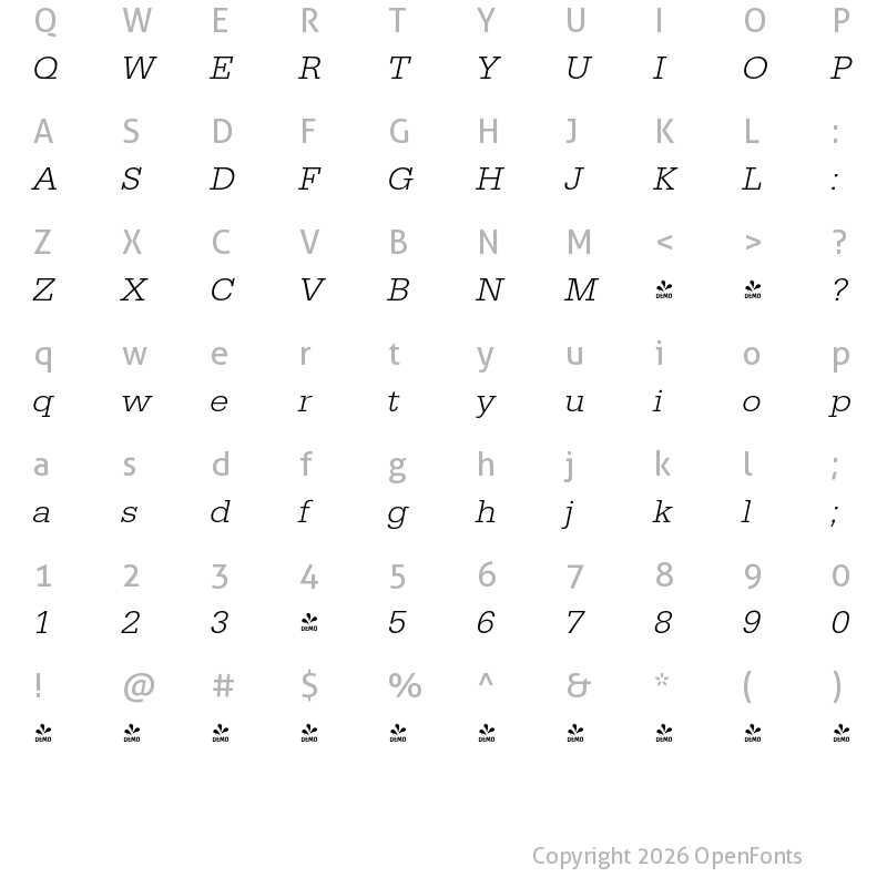 Character Map of FONTSPRING DEMO - EgyptienneURWWidLig Italic