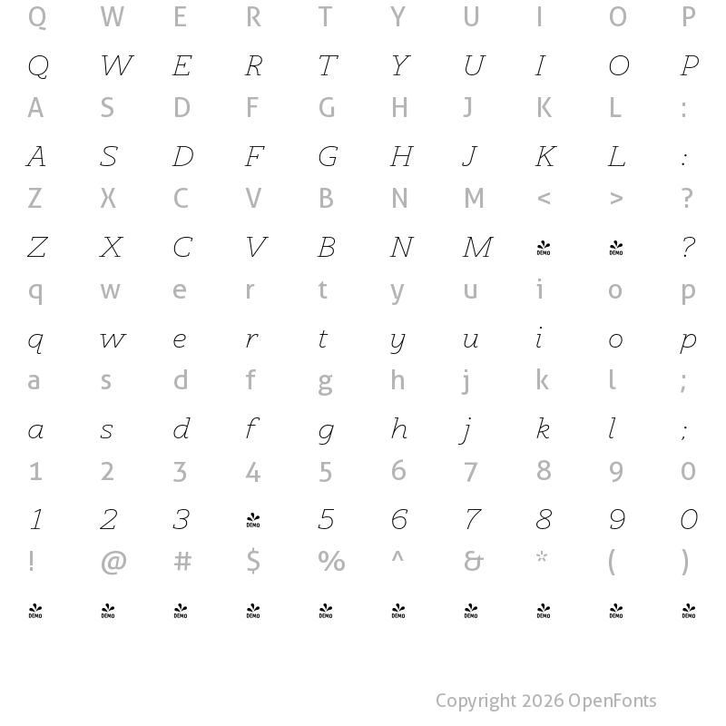 Character Map of FONTSPRING DEMO - Eksja Extremes Italic