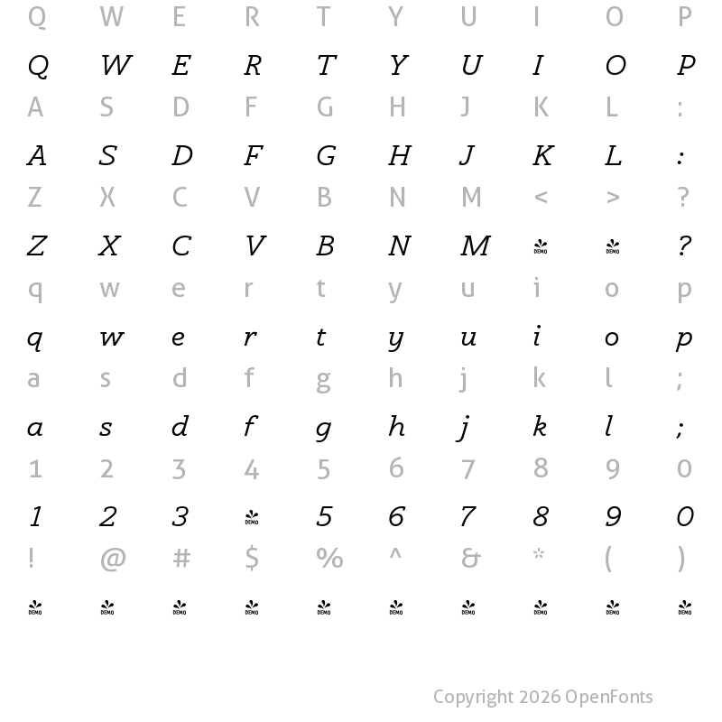 Character Map of FONTSPRING DEMO - Eksja Italic