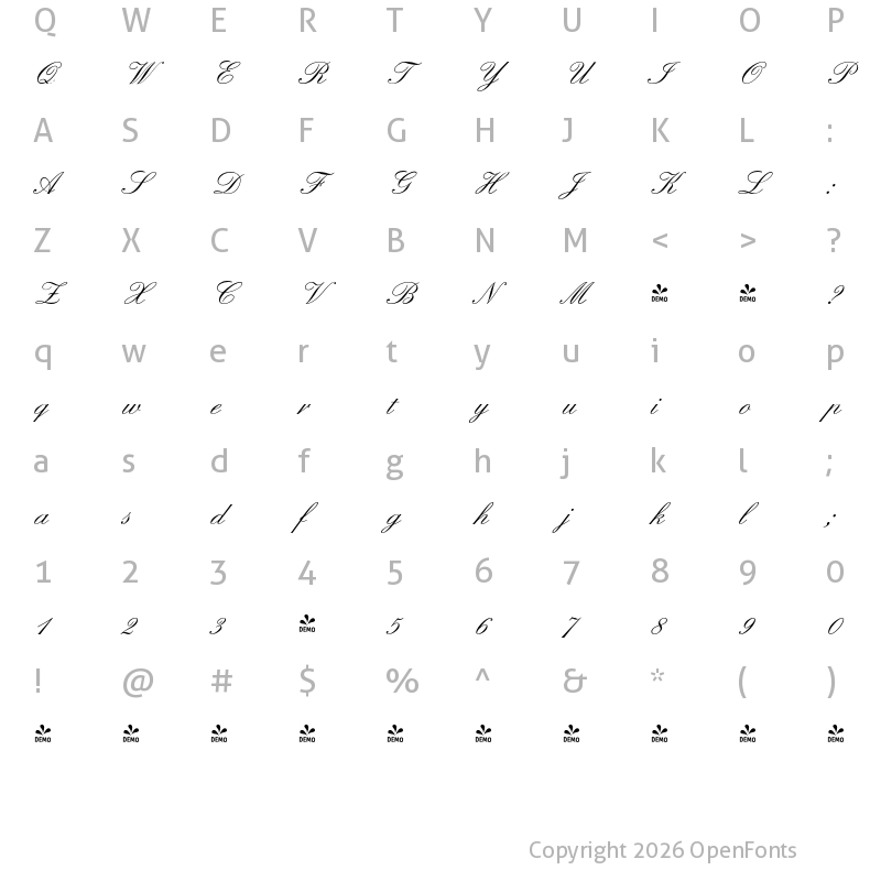 Character Map of FONTSPRING DEMO - Elegant Script Pro Regular