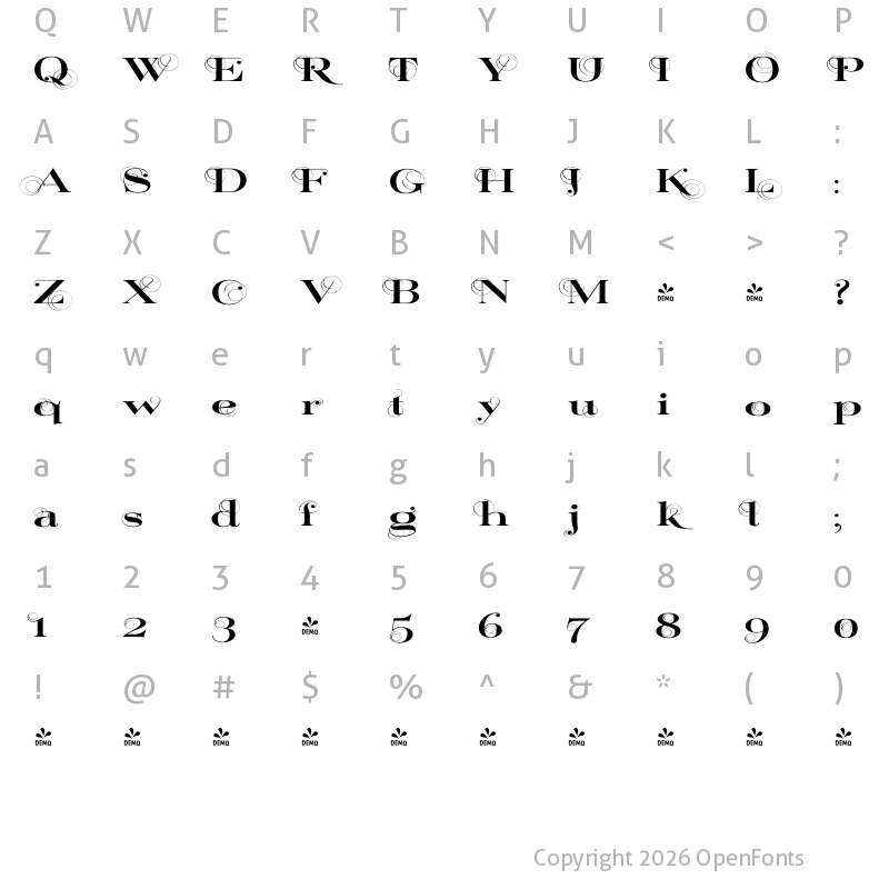 Character Map of FONTSPRING DEMO - ElegiaBoldSwing Regular