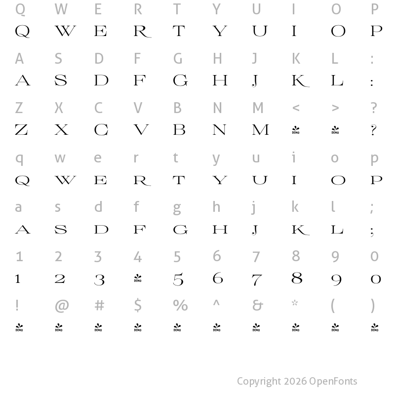 Character Map of FONTSPRING DEMO - ElegiaLigCaps Regular