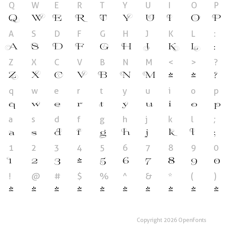Character Map of FONTSPRING DEMO - ElegiaLightSwing Regular