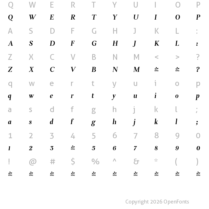 Character Map of FONTSPRING DEMO - Eleonora Bold Italic