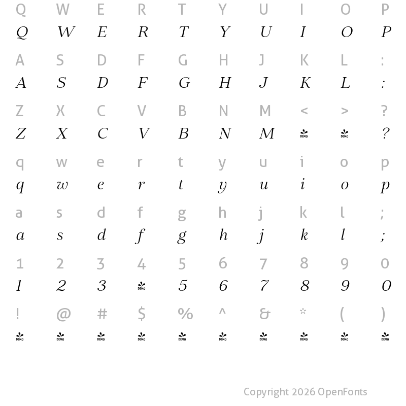 Character Map of FONTSPRING DEMO - Elgraine Light Italic