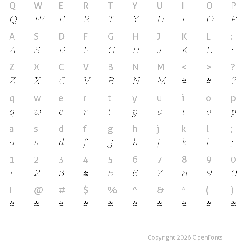 Character Map of FONTSPRING DEMO - Elgraine Thin Italic