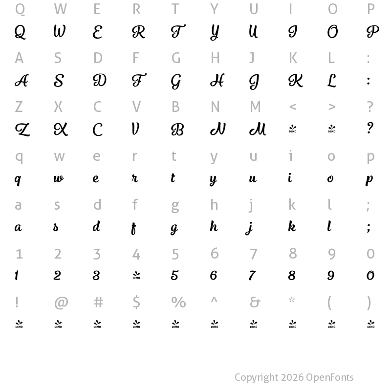 Character Map of FONTSPRING DEMO - Elixir Brush Regular