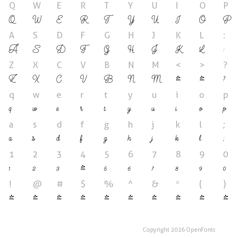 Character Map of FONTSPRING DEMO - Elixir Print Script Regular