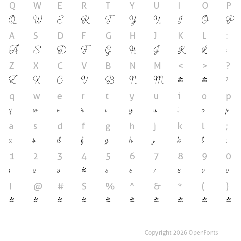 Character Map of FONTSPRING DEMO - Elixir Script Regular