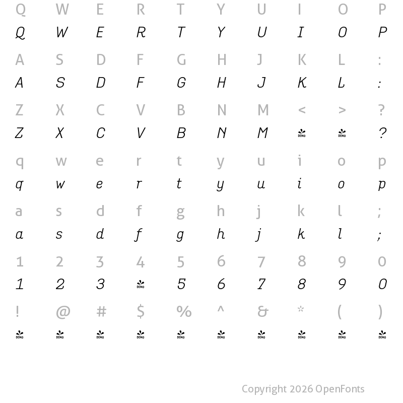Character Map of FONTSPRING DEMO - Empirical Two Italic