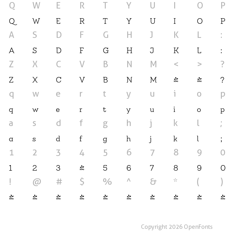 Character Map of FONTSPRING DEMO - Emy Slab Alt Light Regular