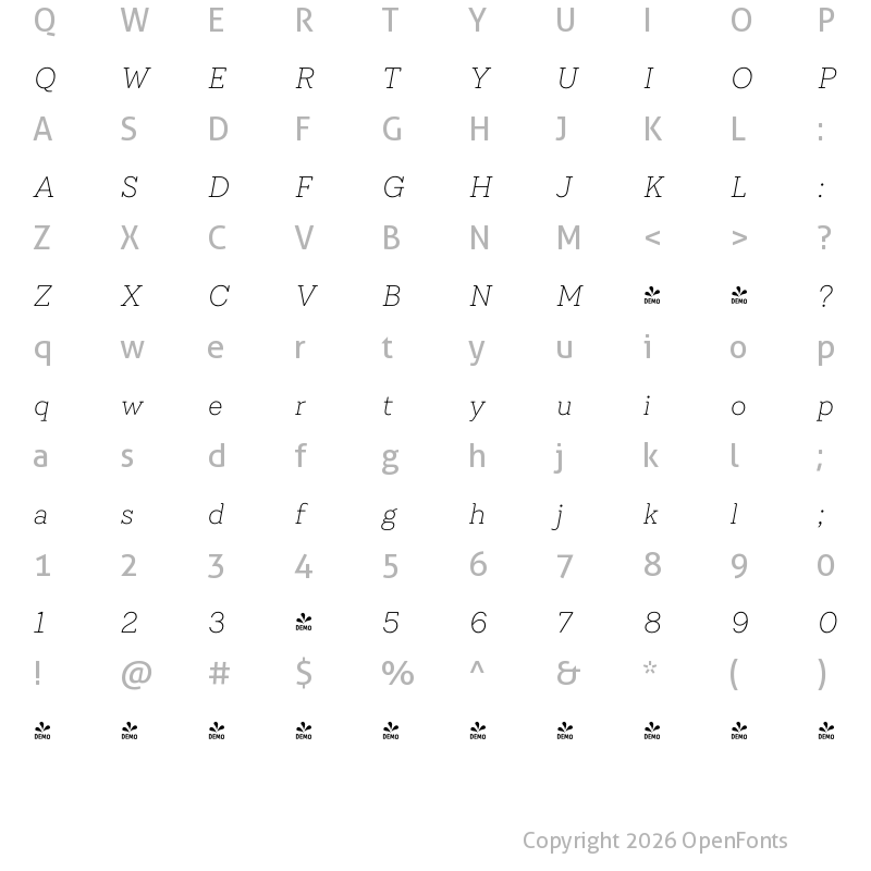 Character Map of FONTSPRING DEMO - Emy Slab UltraLight It Regular