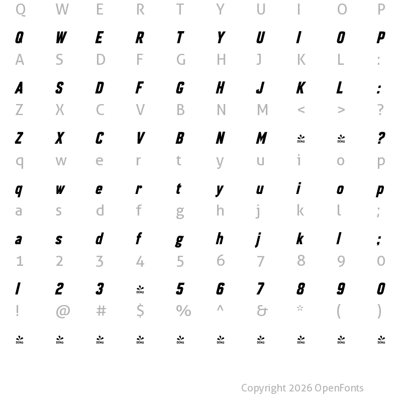 Character Map of FONTSPRING DEMO - Enamela Condensed Bold Italic