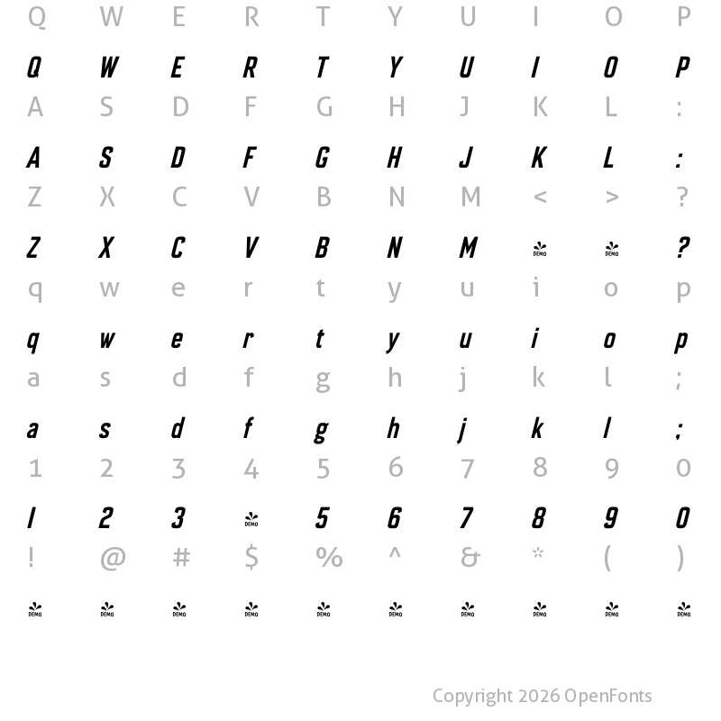 Character Map of FONTSPRING DEMO - Enamela Condensed Medium Italic