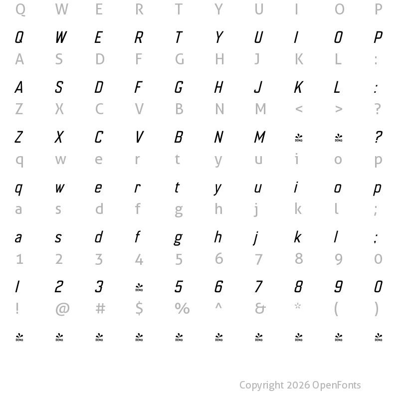 Character Map of FONTSPRING DEMO - Enamela Italic
