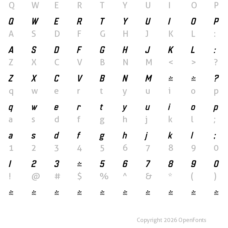 Character Map of FONTSPRING DEMO - Enamela Medium Italic