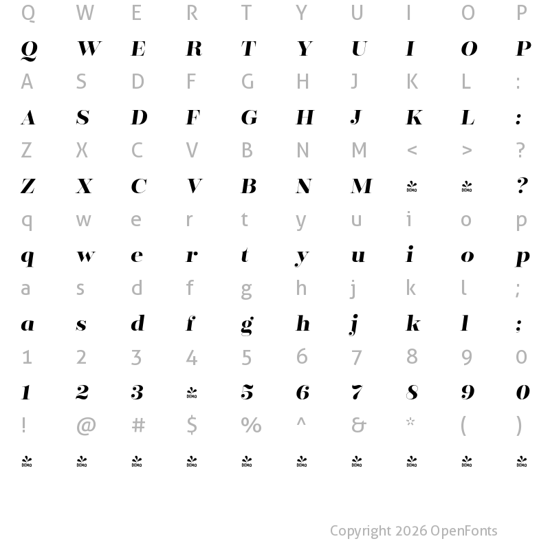 Character Map of FONTSPRING DEMO - Encorpada Classic Bold Bold Italic
