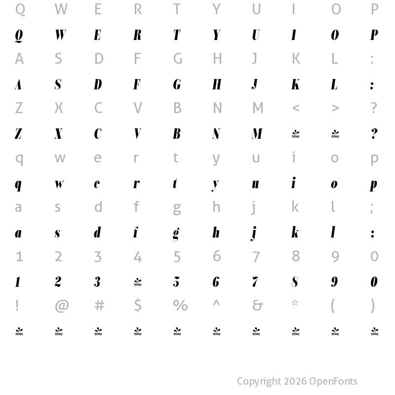 Character Map of FONTSPRING DEMO - Encorpada Classic Compressed ExBd It Regular