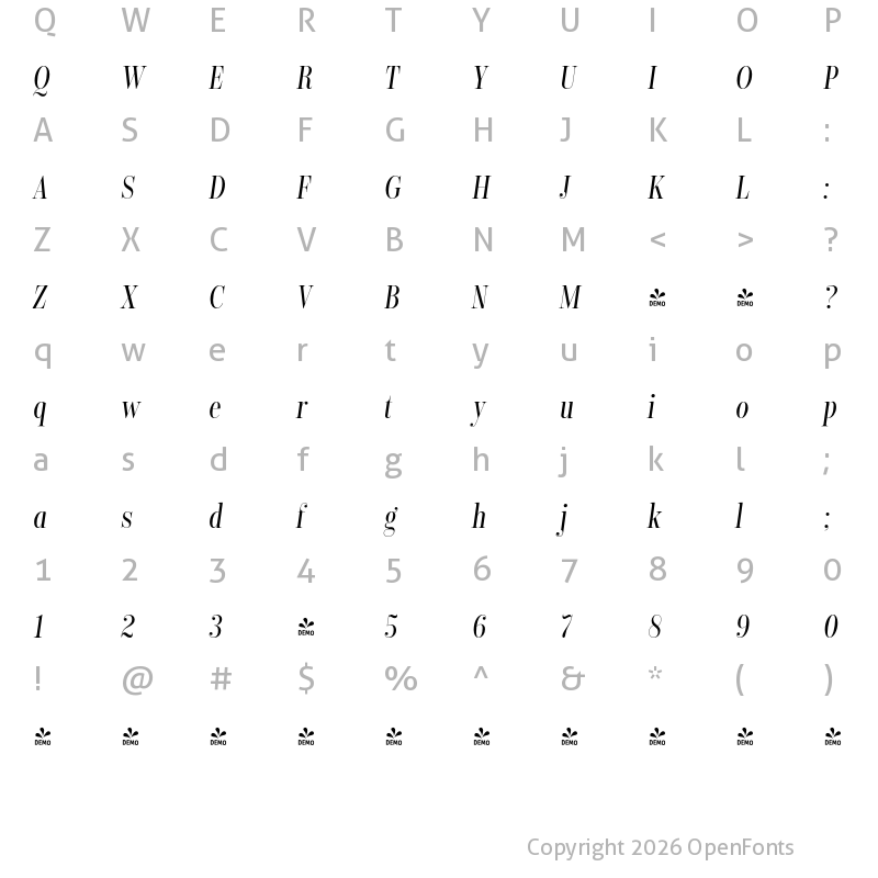 Character Map of FONTSPRING DEMO - Encorpada Classic Compressed It Regular