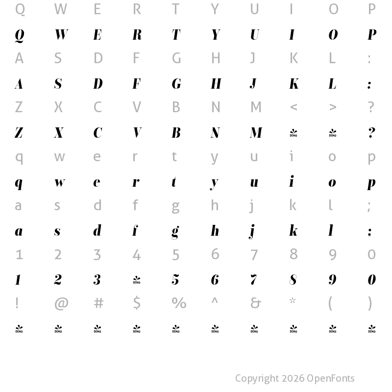 Character Map of FONTSPRING DEMO - Encorpada Classic Condensed Bd It Regular