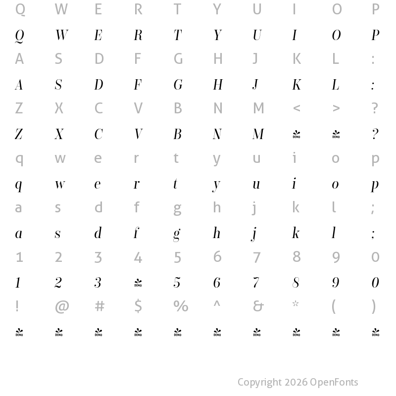 Character Map of FONTSPRING DEMO - Encorpada Classic Condensed It Regular