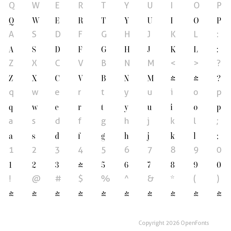 Character Map of FONTSPRING DEMO - Encorpada Classic Condensed Regular