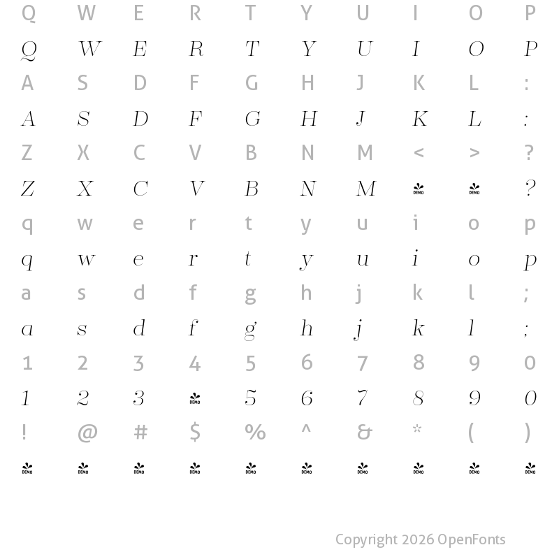 Character Map of FONTSPRING DEMO - Encorpada Classic ExtraLight Italic
