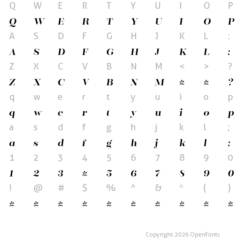 Character Map of FONTSPRING DEMO - Encorpada Classic SemiBold Italic
