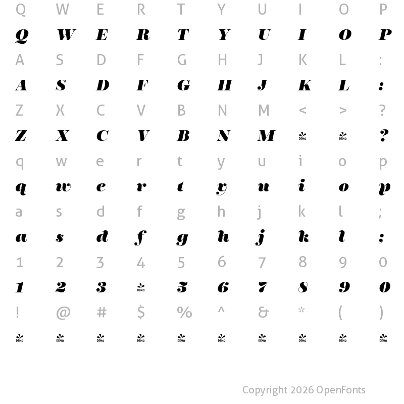 Character Map of FONTSPRING DEMO - Encorpada Pro Black Italic Regular