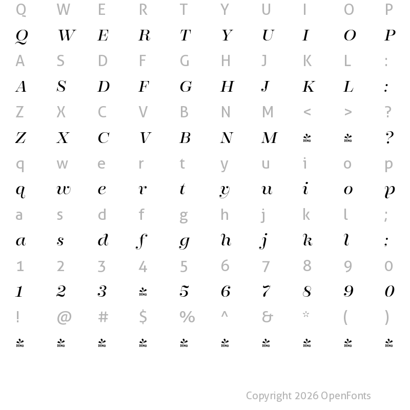 Character Map of FONTSPRING DEMO - Encorpada Pro Italic Regular