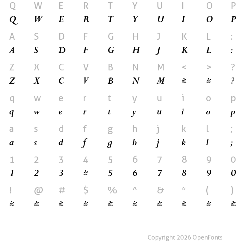 Character Map of FONTSPRING DEMO - English Serif Medium Italic